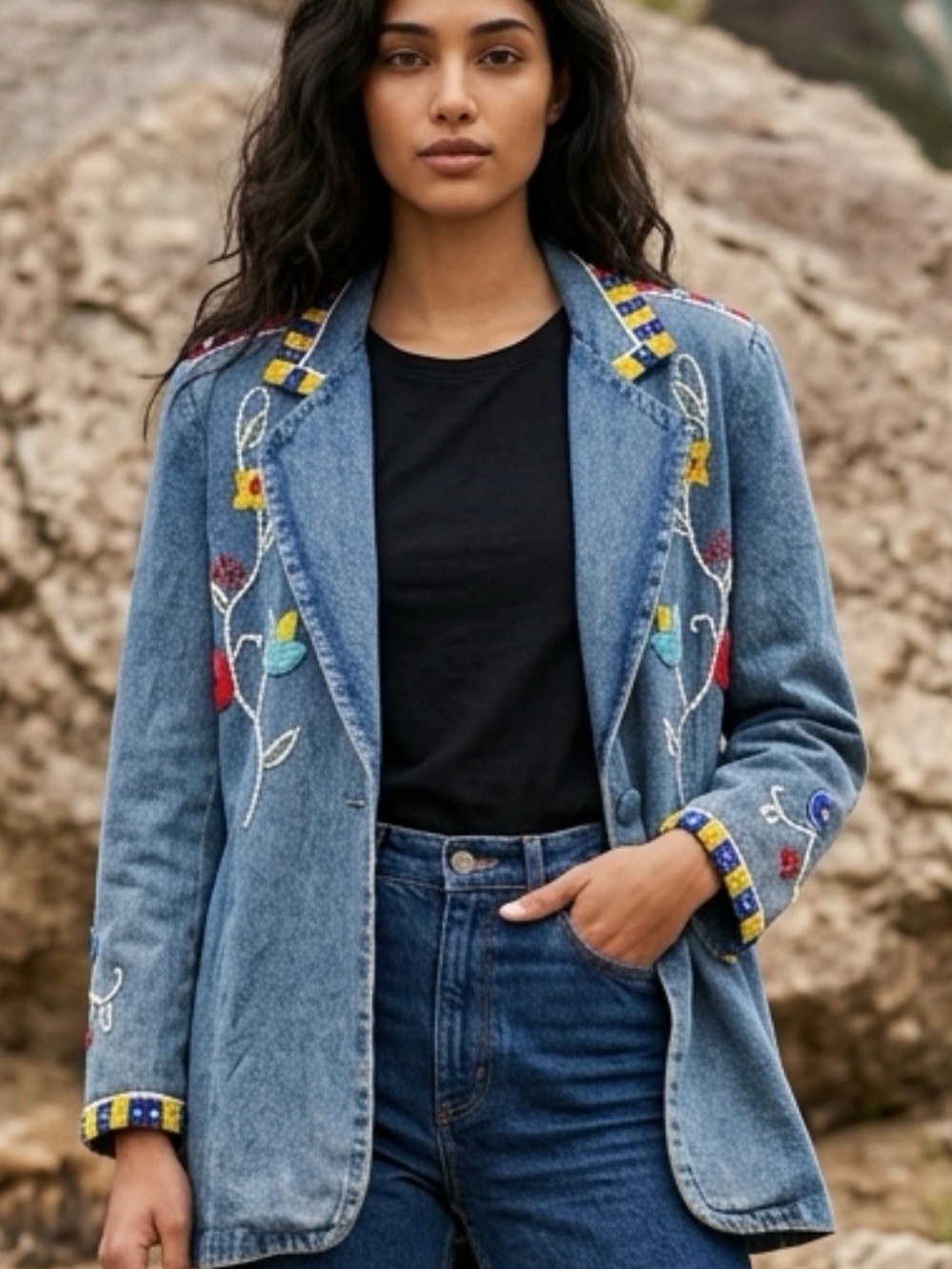 Choices vintage Embroidered Light Blue Denim Blazer